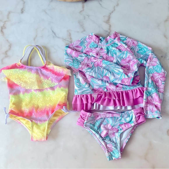 Tommy Bahama Other - Tommy Bahama 3T Rash Guard Swimsuit Pink Ruffle Hibiscus Wonder Nation Rainbow